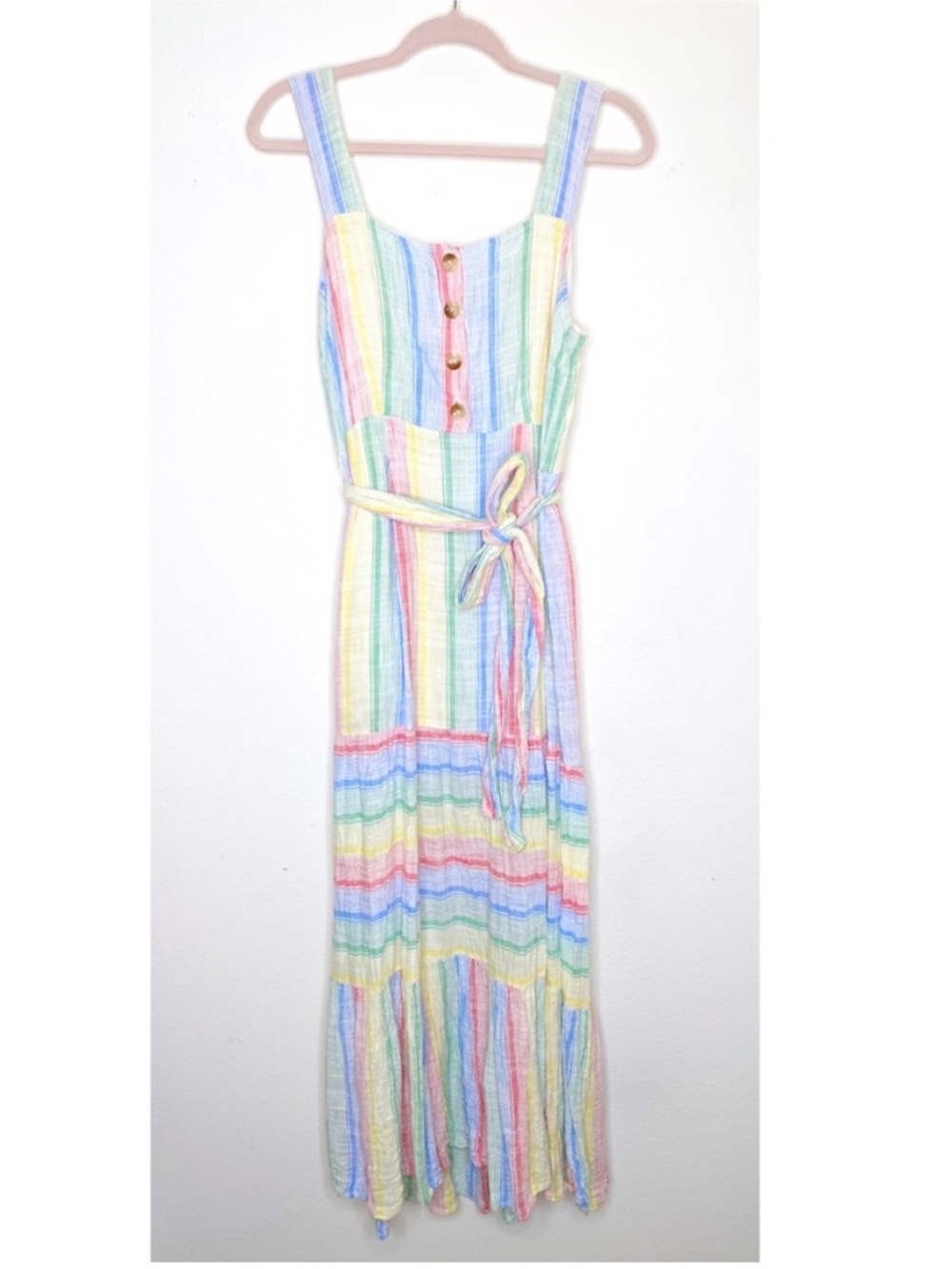 Urban Outfitters Rainbow Striped Maxi Dress Bow Belt Size MED